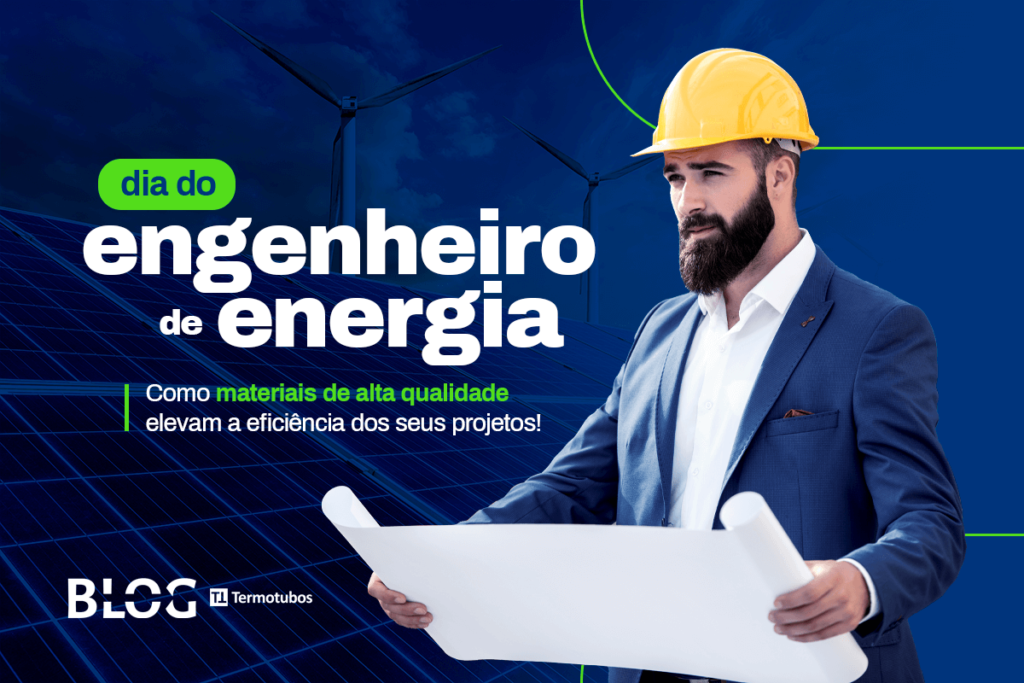 imagem de fundo azul que aparece um profissional da area de engenheiro de energia segurando um papel.